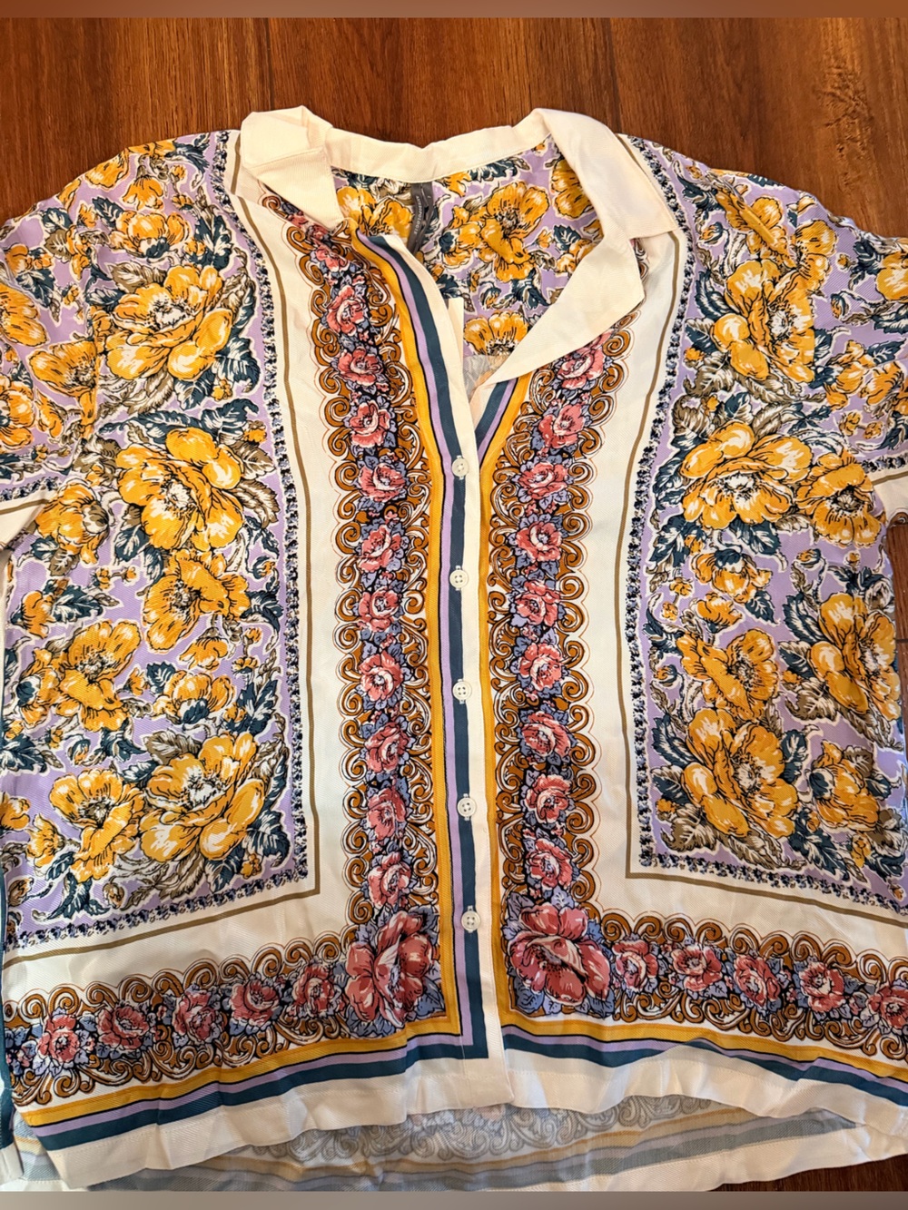 Anthropologie Yellow and Lilac Floral Button-Down Top short sleeve